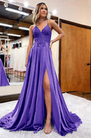 Load image into Gallery viewer, A Line Lilac Satin Beaded Prom Dress with Slit