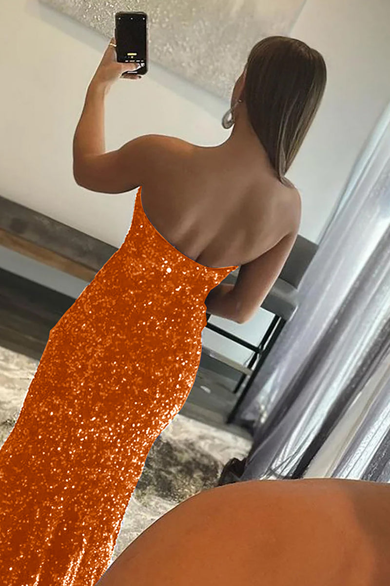 Sequined Strapless Orange Mermaid Draped Satin Long Prom Dress main image 0
