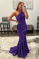 Load image into Gallery viewer, Coral One Shoulder Sequins Mermaid Sparkly Prom Dress