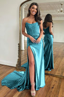 Load image into Gallery viewer, Dark Green Mermaid Strapless Satin Corset Prom Dress with Slit