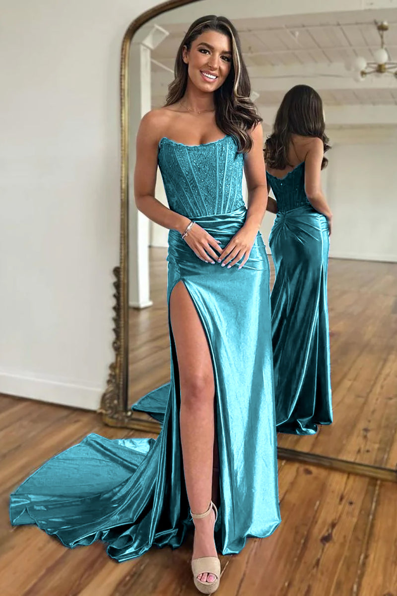 Load image into Gallery viewer, Dark Green Mermaid Strapless Satin Corset Prom Dress with Slit