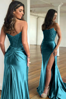Load image into Gallery viewer, Dark Green Mermaid Strapless Satin Corset Prom Dress with Slit