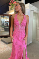 Load image into Gallery viewer, Light Blue Halter Neck Mermaid Corset Long Prom Dress with Slit