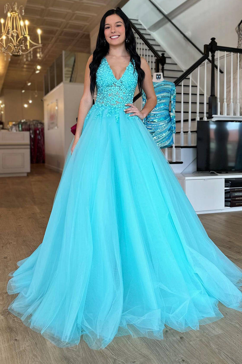 Hellymoon Women Purple A Line Tulle Prom Dress with Appliques Long V ... image.