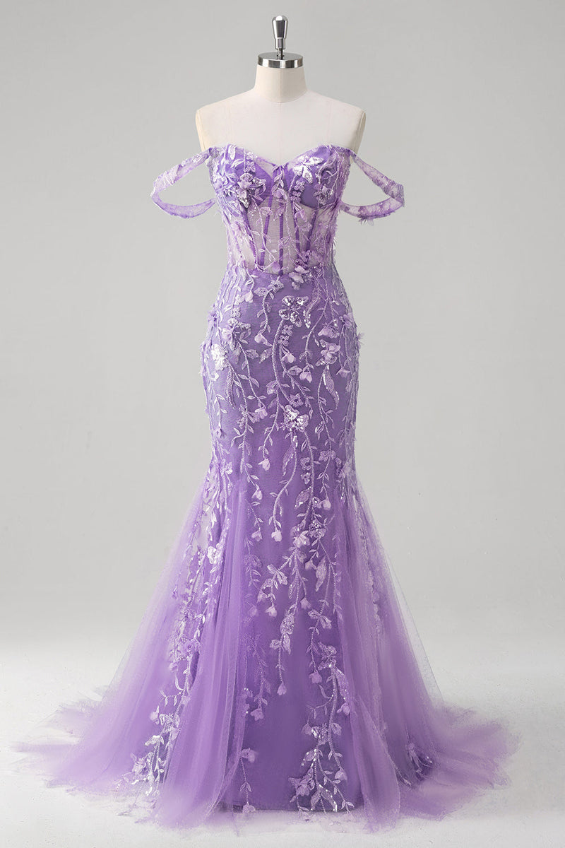 Load image into Gallery viewer, Off the Shoulder Blue Mermaid Sequin Floral Corset Prom Dress