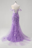 Load image into Gallery viewer, Off the Shoulder Blue Mermaid Sequin Floral Corset Prom Dress