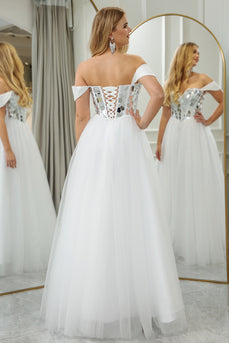 White A-line Off the Shoulder Tulle Corset Prom Dress