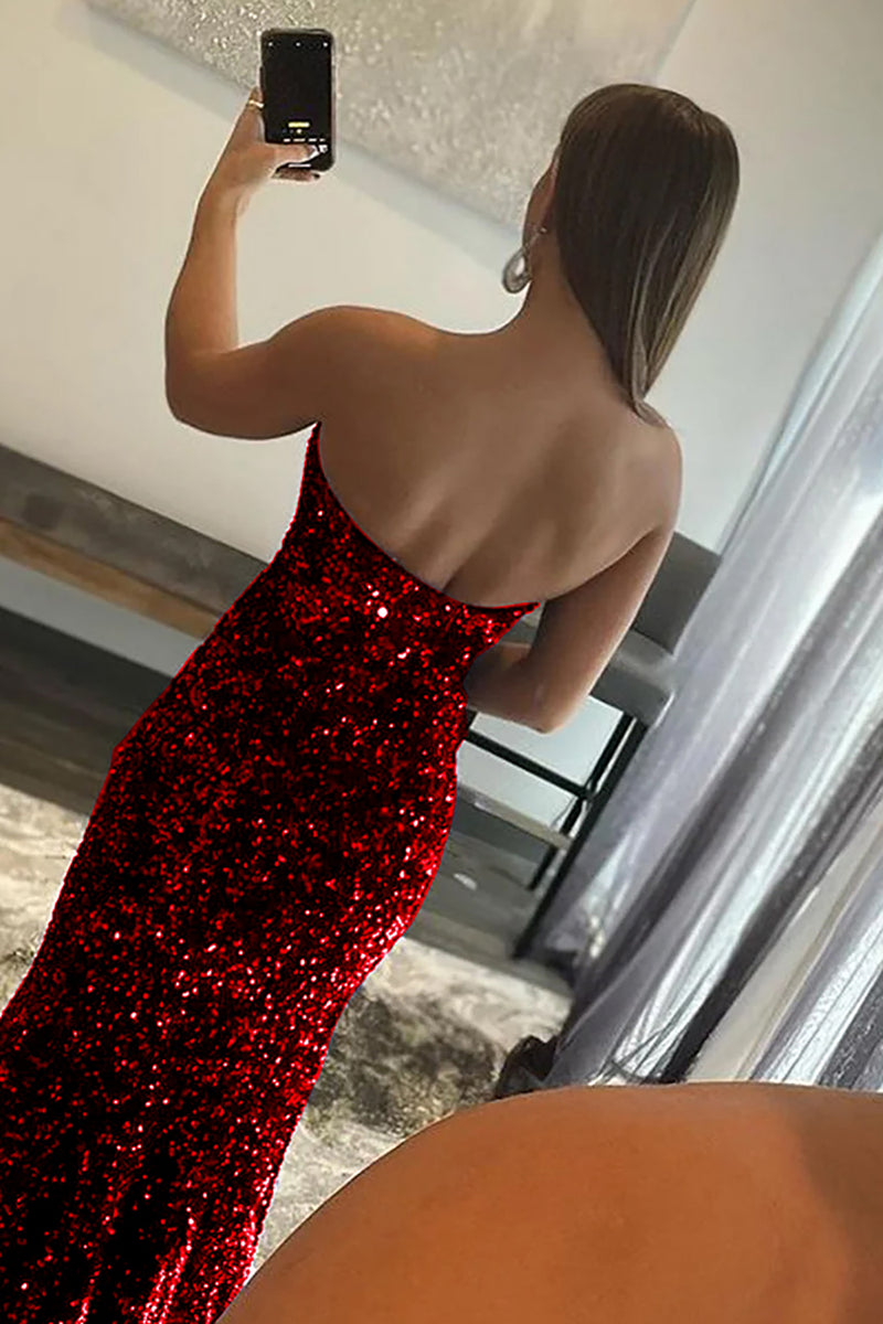 Load image into Gallery viewer, Orange Mermaid Strapless Sequins Long Prom Dress with Slit