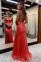 Load image into Gallery viewer, Mermaid Spaghetti Straps Orange Sparkly Prom Dress with Sequins
