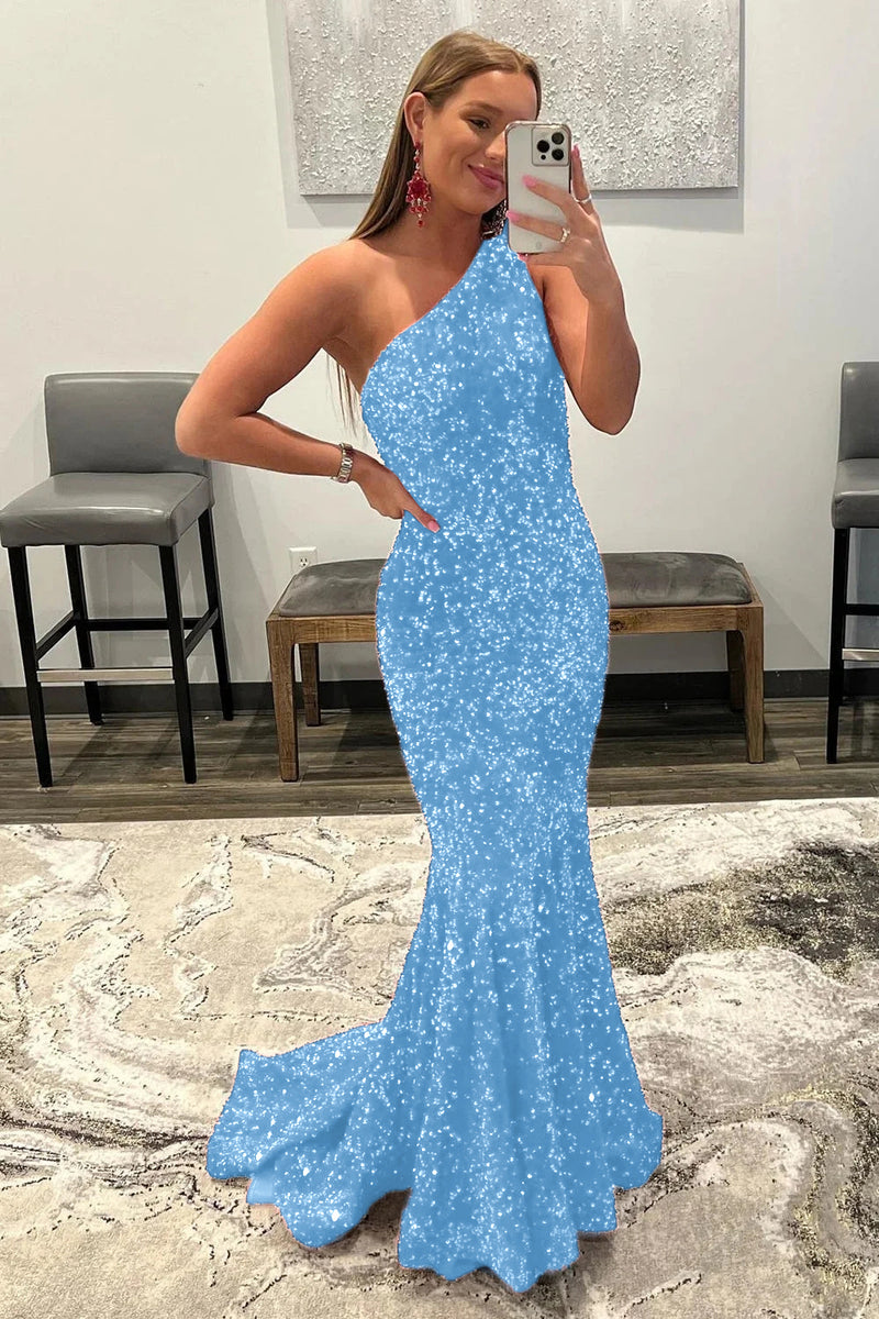 Load image into Gallery viewer, Coral One Shoulder Sequins Mermaid Sparkly Prom Dress