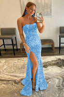 Load image into Gallery viewer, Orange Mermaid Strapless Sequins Long Prom Dress with Slit