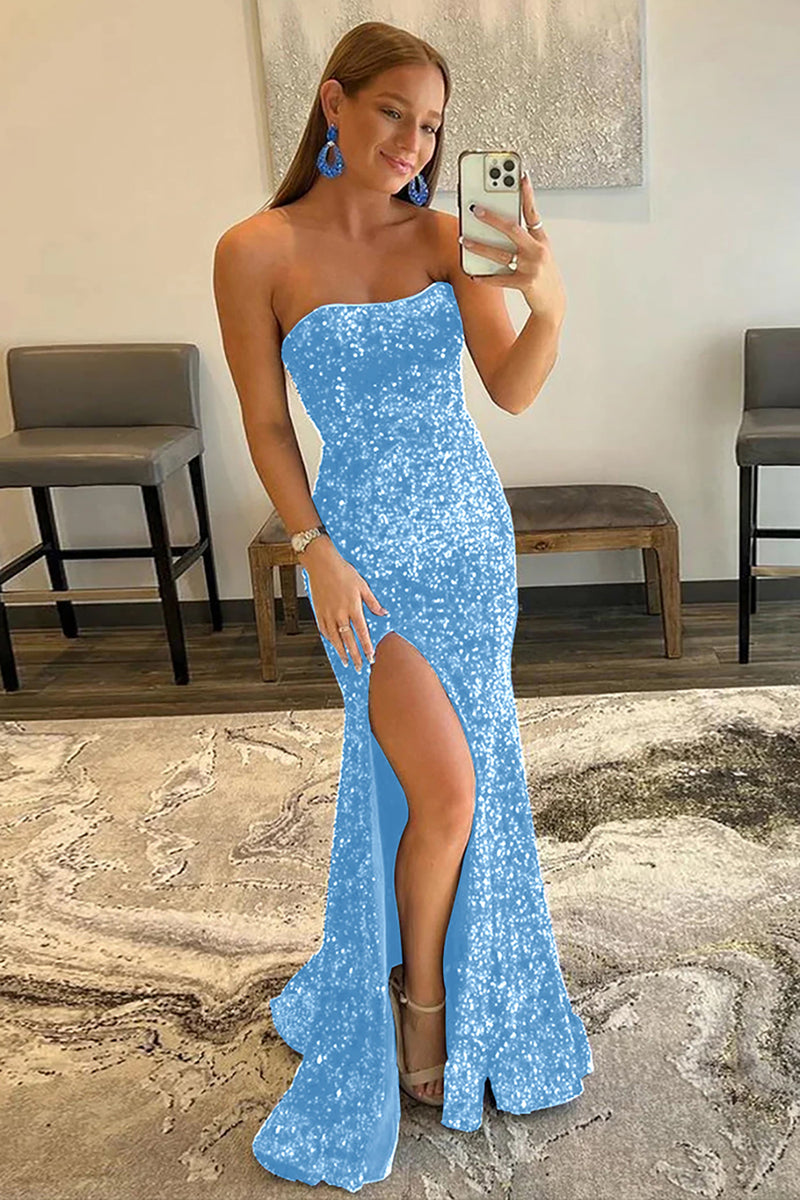 Load image into Gallery viewer, Orange Mermaid Strapless Sequins Long Prom Dress with Slit