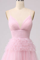 Load image into Gallery viewer, A Line Spaghetti Straps Pink Princess Prom Dress with Ruffles