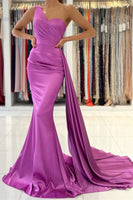 Load image into Gallery viewer, One Shoulder Purple Satin Bridesmaid Dress With Pleated Side Draping