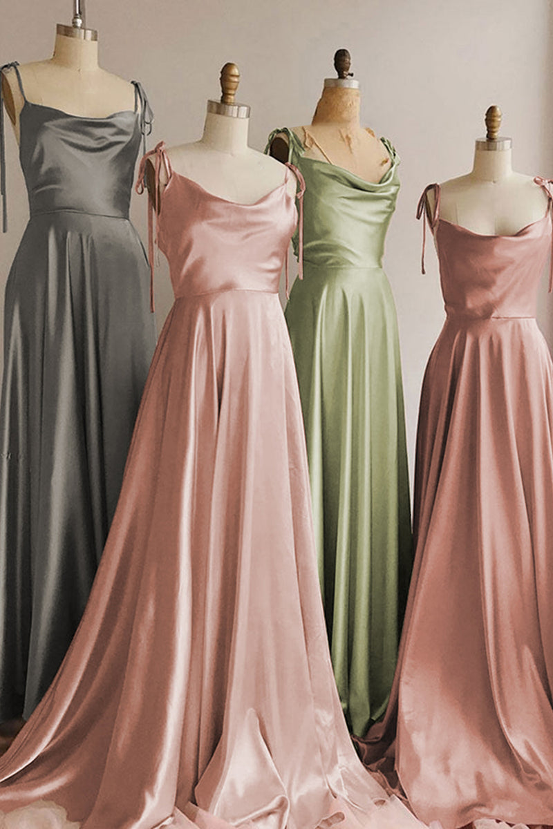 Load image into Gallery viewer, Sage Green Satin Long Prom Dress with Slit