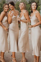 Load image into Gallery viewer, Champagne Cowl Neck Tea-Length Satin Bridesmaid Dress with Sleeveless