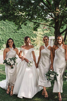 Load image into Gallery viewer, Halter Tea-Length Sleeveless Silver Satin Bridesmaid Dress