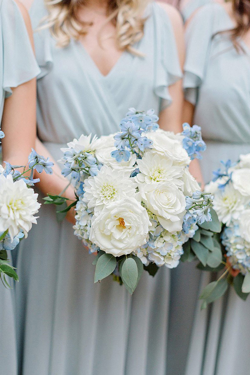 Load image into Gallery viewer, A Line Blue Chiffon Bridesmaid Dress with Pleated