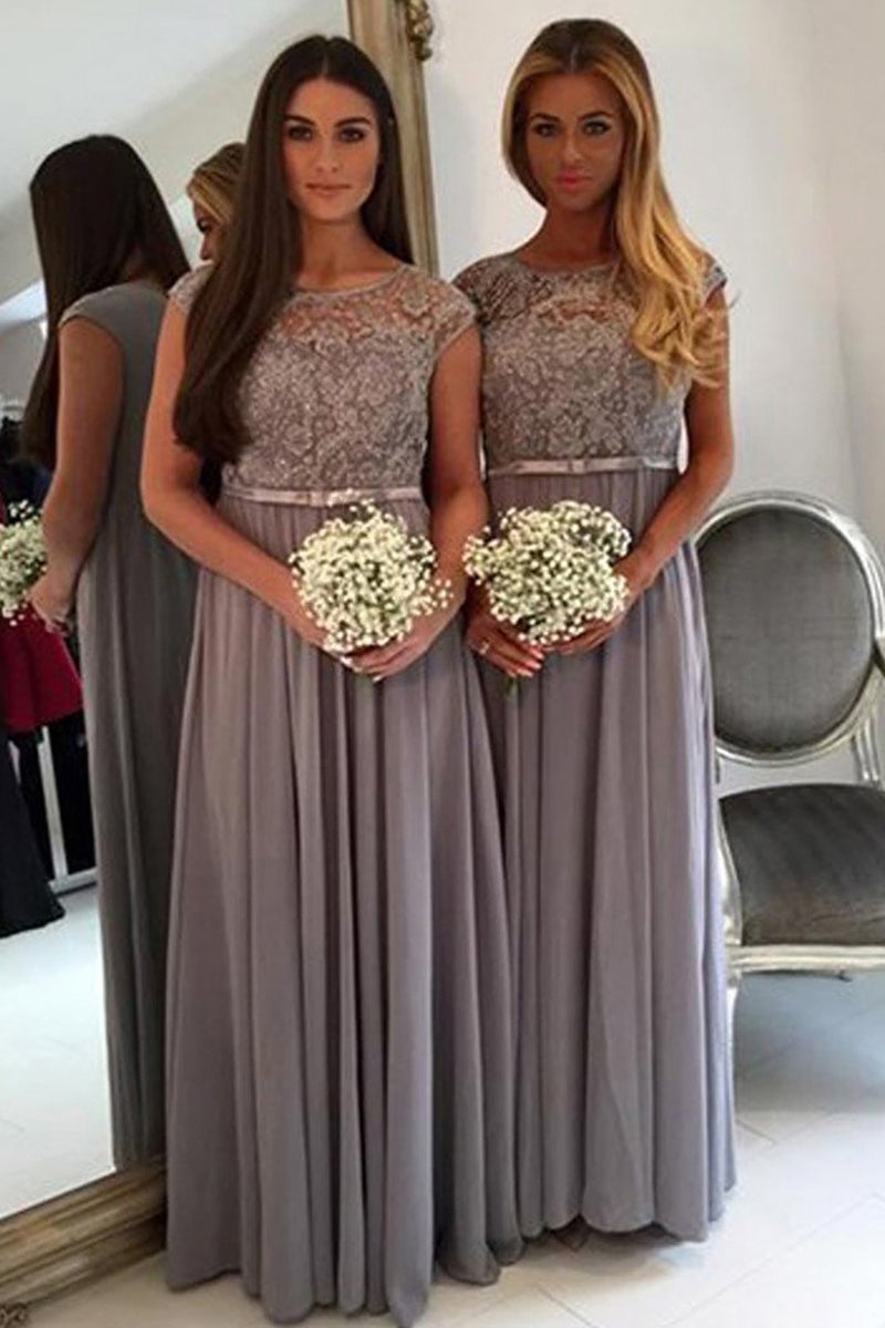 Load image into Gallery viewer, A Line Grey Chiffon Bridesmaid Dress With Beading