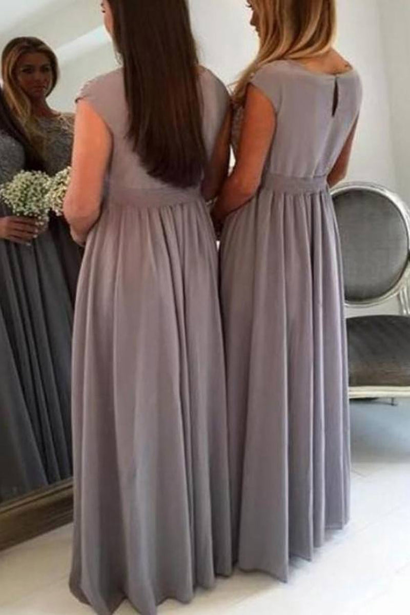 Load image into Gallery viewer, A Line Grey Chiffon Bridesmaid Dress With Beading