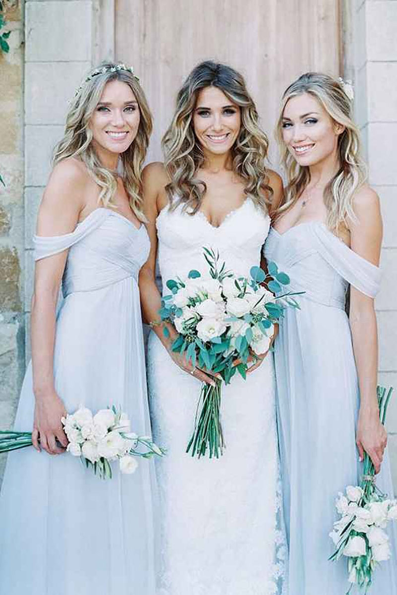 Load image into Gallery viewer, A-Line Off-The-Shoulder Blue Chiffon Bridesmaid Dress With Pleated