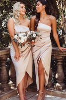Load image into Gallery viewer, Asymmetrical One-Shoulder Satin Bridesmaid Dress With Split Pleated