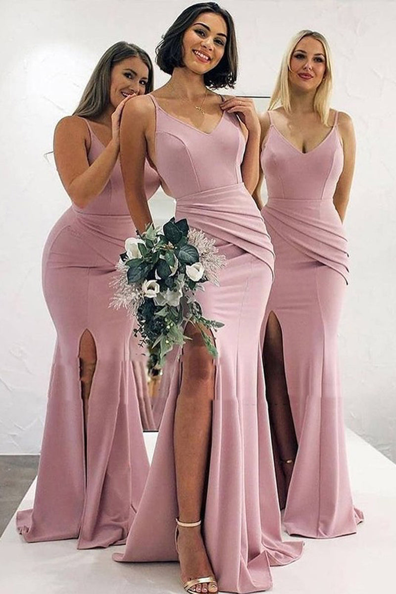 Load image into Gallery viewer, Mermaid Blush Satin Bridesmaid Dress With Pleated Split