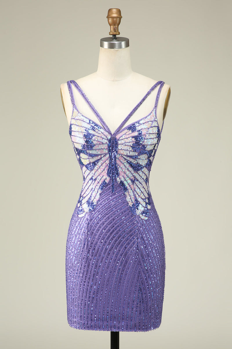 Load image into Gallery viewer, Sheath Spaghetti Straps Purple Sequins Short Graduation Dress