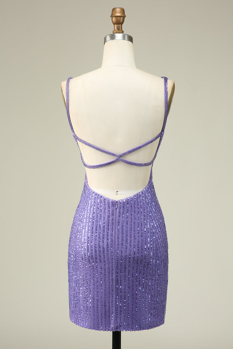 Load image into Gallery viewer, Sheath Spaghetti Straps Purple Sequins Short Graduation Dress