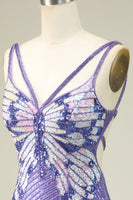 Load image into Gallery viewer, Sheath Spaghetti Straps Purple Sequins Short Graduation Dress