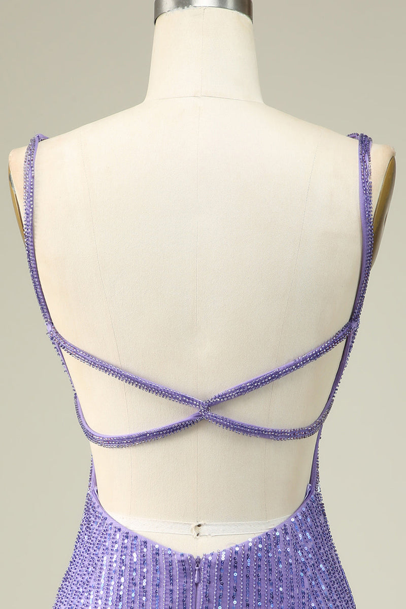 Load image into Gallery viewer, Sheath Spaghetti Straps Purple Sequins Short Graduation Dress