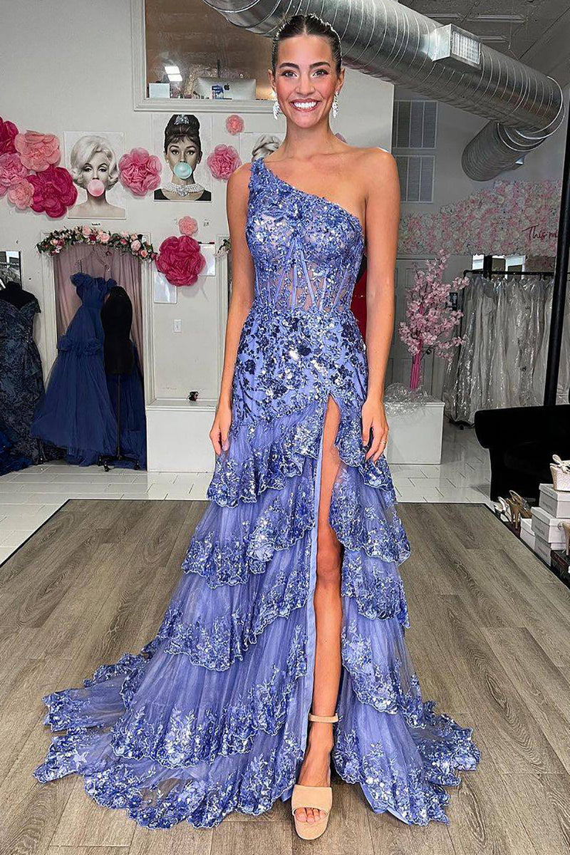 Load image into Gallery viewer, One Shoulder Tiered Navy Corset Prom Dress with Slit