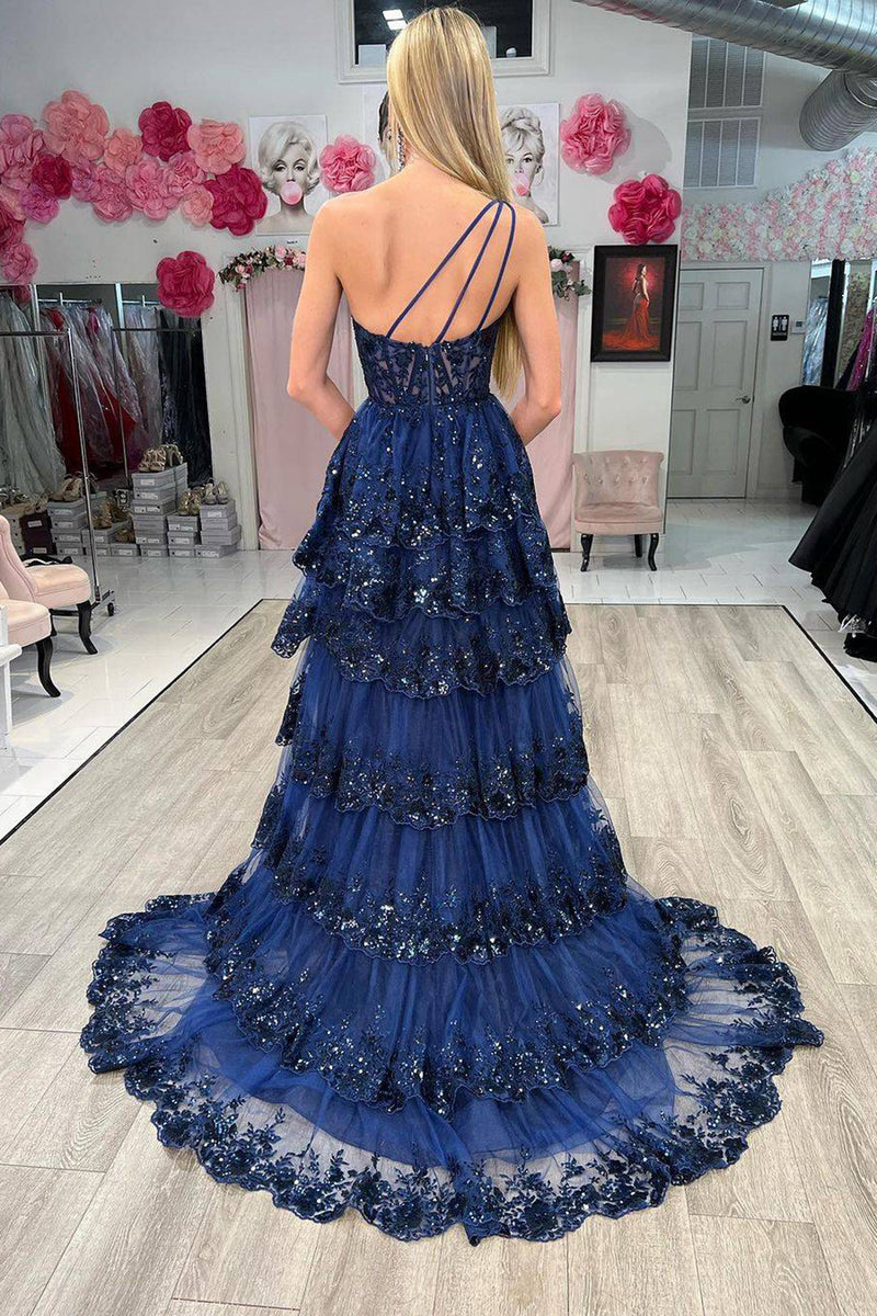 Hellymoon Women One Shoulder Tiered Corset Prom Dress with Slit Navy A Line  Long Party Dress with Appliques – hellymoonuk