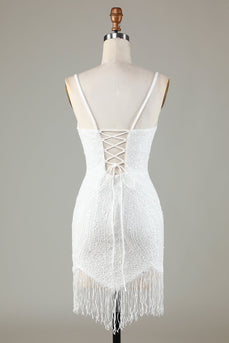 Sparkly Bodycon Spaghetti Straps Blue Lace-Up Back Short Graduation Dress with Beading