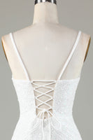 Load image into Gallery viewer, Sparkly Bodycon Spaghetti Straps Blue Lace-Up Back Short Graduation Dress with Beading