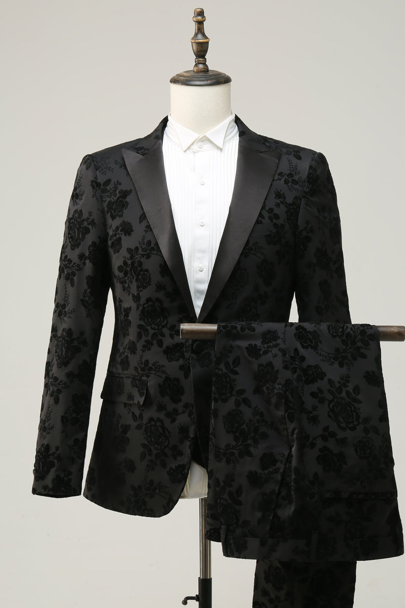 Load image into Gallery viewer, Black Peak Lapel Jacquard Men's Prom Suits