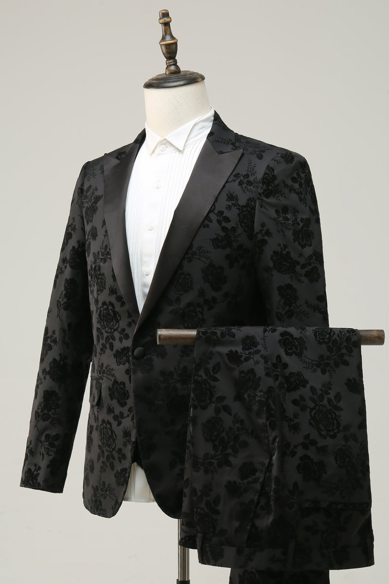 Load image into Gallery viewer, Black Peak Lapel Jacquard Men's Prom Suits