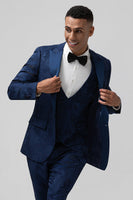 Load image into Gallery viewer, Dark Blue 3 Piece Peak Lapel Jacquard One Button Men's Prom Suits
