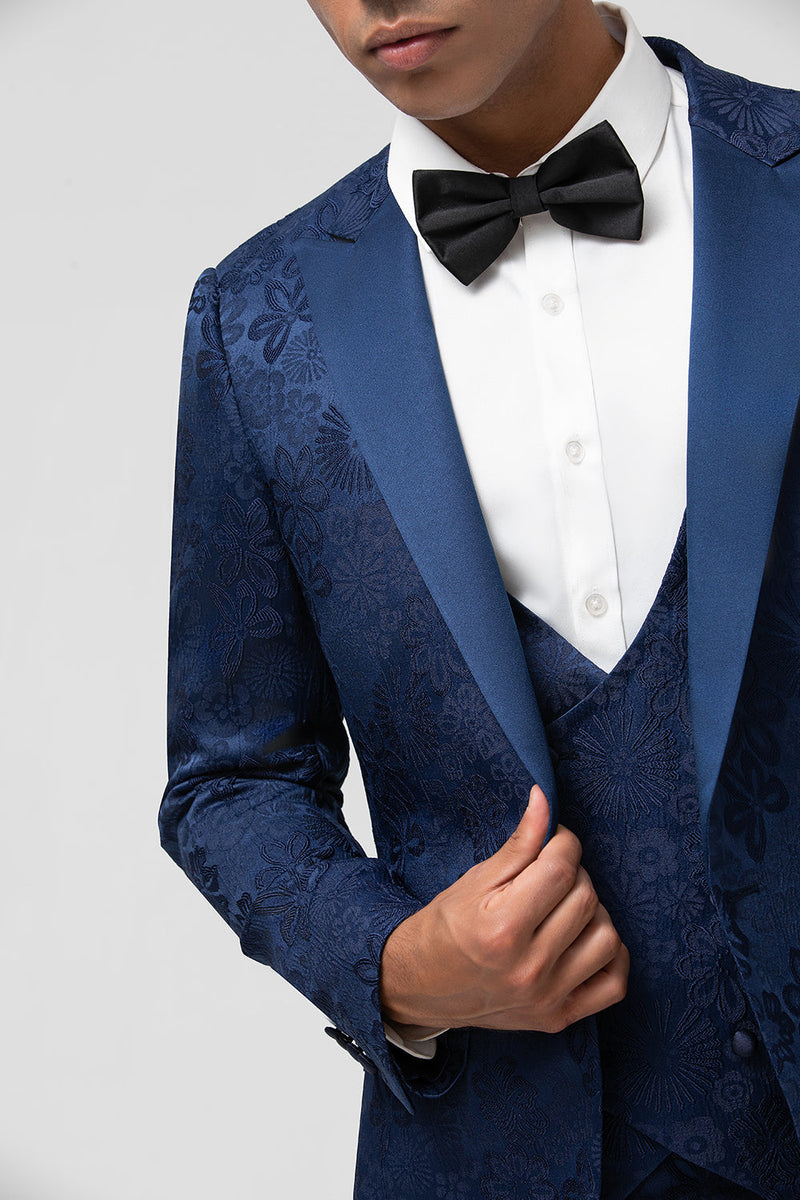 Load image into Gallery viewer, Dark Blue 3 Piece Peak Lapel Jacquard One Button Men's Prom Suits