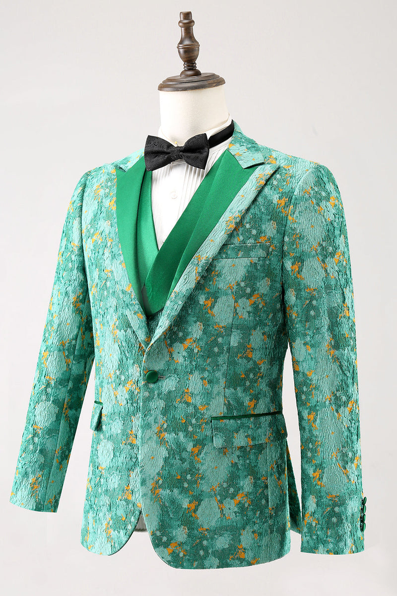 Load image into Gallery viewer, Green Peak Lapel  3 Piece Jacquard One Button Men's Prom Suits