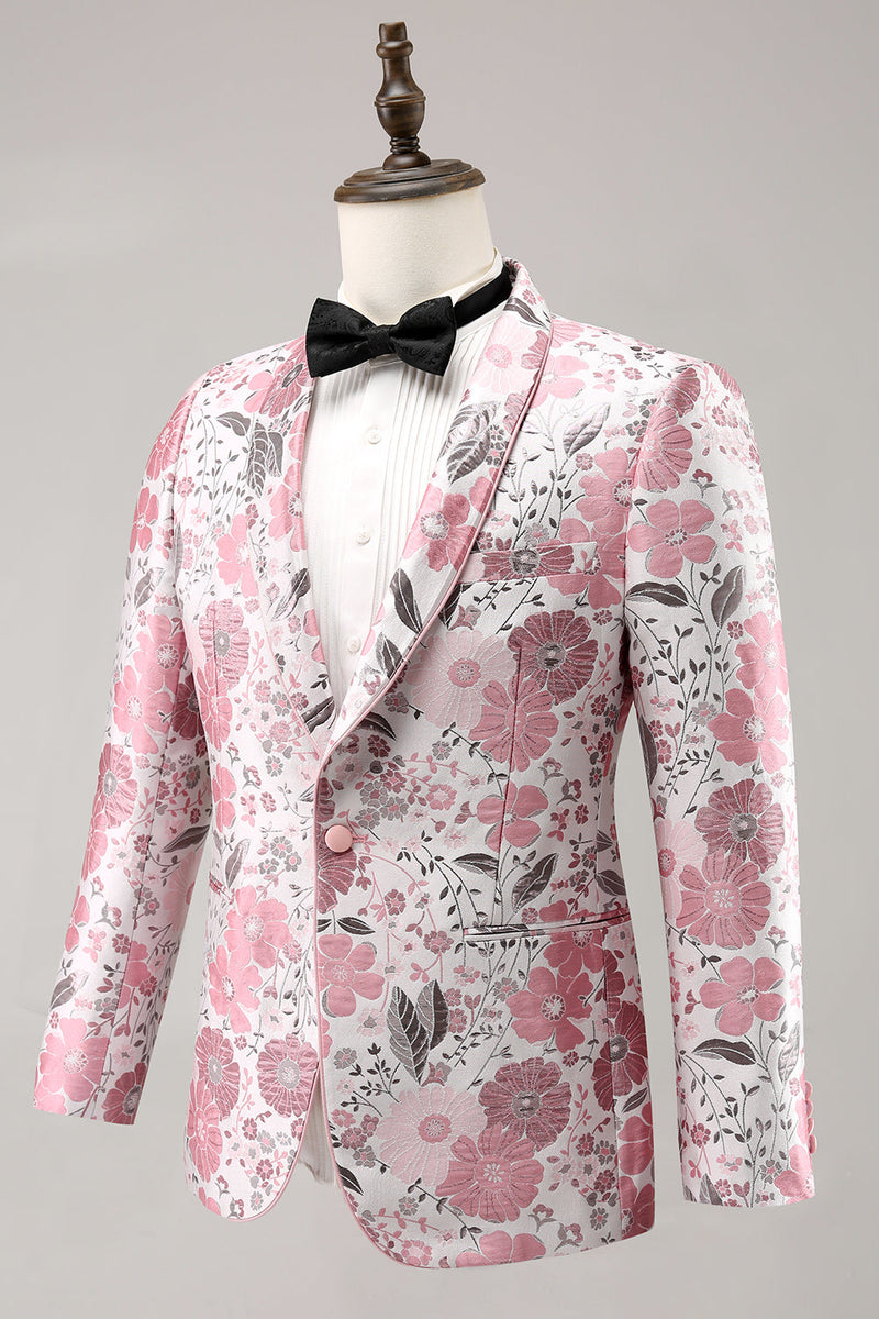 Load image into Gallery viewer, Pink Shawl Lapel Floral Jacquard One Button Men's Prom Blazer