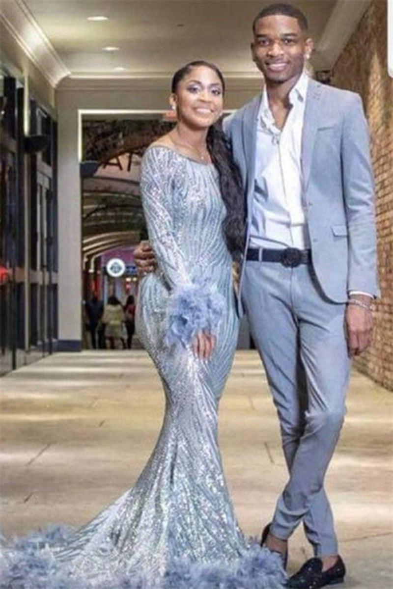 2 Piece Grey Blue Peak Lapel One Button Prom Suits main image 1