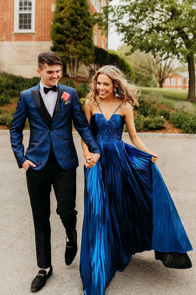 Load image into Gallery viewer, Dark Navy Peak Lapel One Button Jacquard 3-Piece Men's Prom Suits