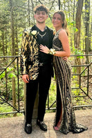 Load image into Gallery viewer, Black Golden Notched Lapel Jacquard One Button 2-Piece Men's Prom Suits