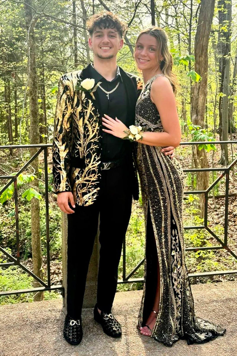 Load image into Gallery viewer, Black Golden Notched Lapel Jacquard One Button 2-Piece Men's Prom Suits