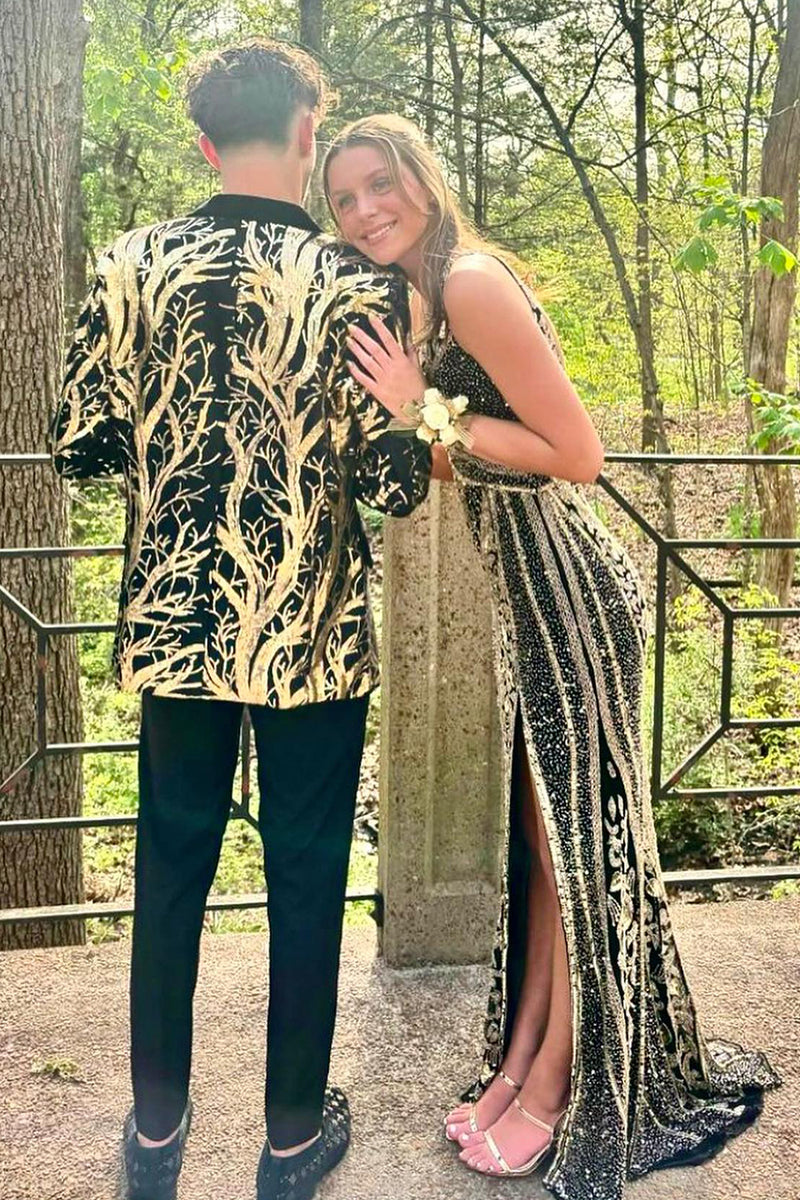 Load image into Gallery viewer, Black Golden Notched Lapel Jacquard One Button 2-Piece Men's Prom Suits