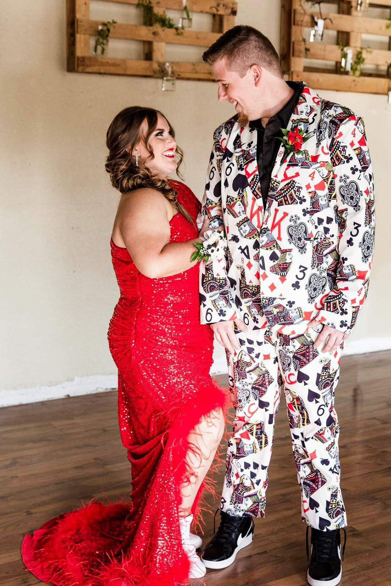 Load image into Gallery viewer, Shawl Lapel White Poker Pattern Printed 2 Pieces Men's Prom Suits