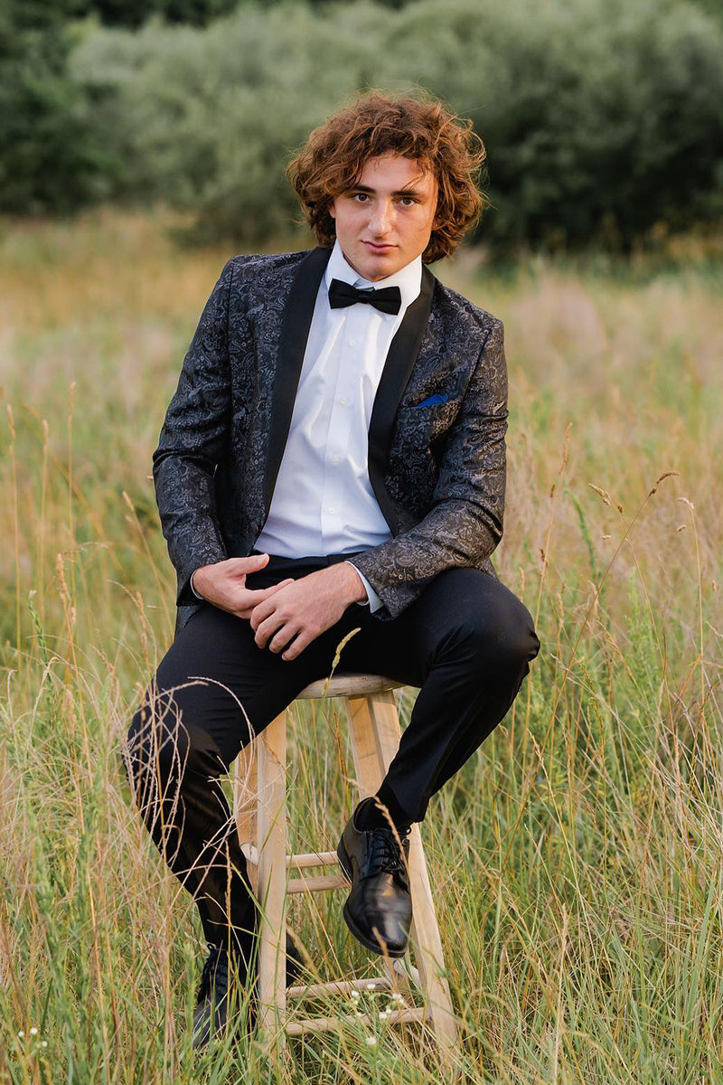 Load image into Gallery viewer, Single Breasted Shawl Lapel Black Jacquard 2 Piece Prom Suits