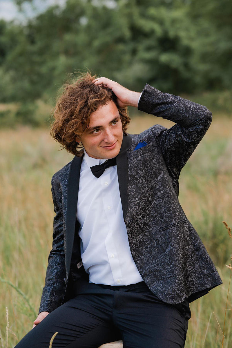 Load image into Gallery viewer, Single Breasted Shawl Lapel Black Jacquard 2 Piece Prom Suits