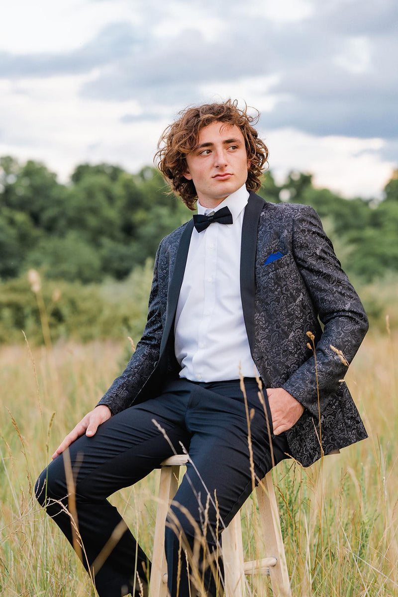 Load image into Gallery viewer, Single Breasted Shawl Lapel Black Jacquard 2 Piece Prom Suits